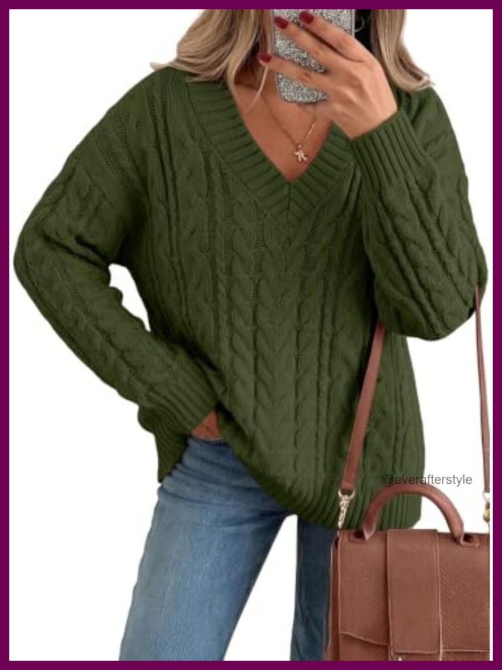 Women's Cable Knit V-Neck Sweater Cozy Oversized Long Sleeve